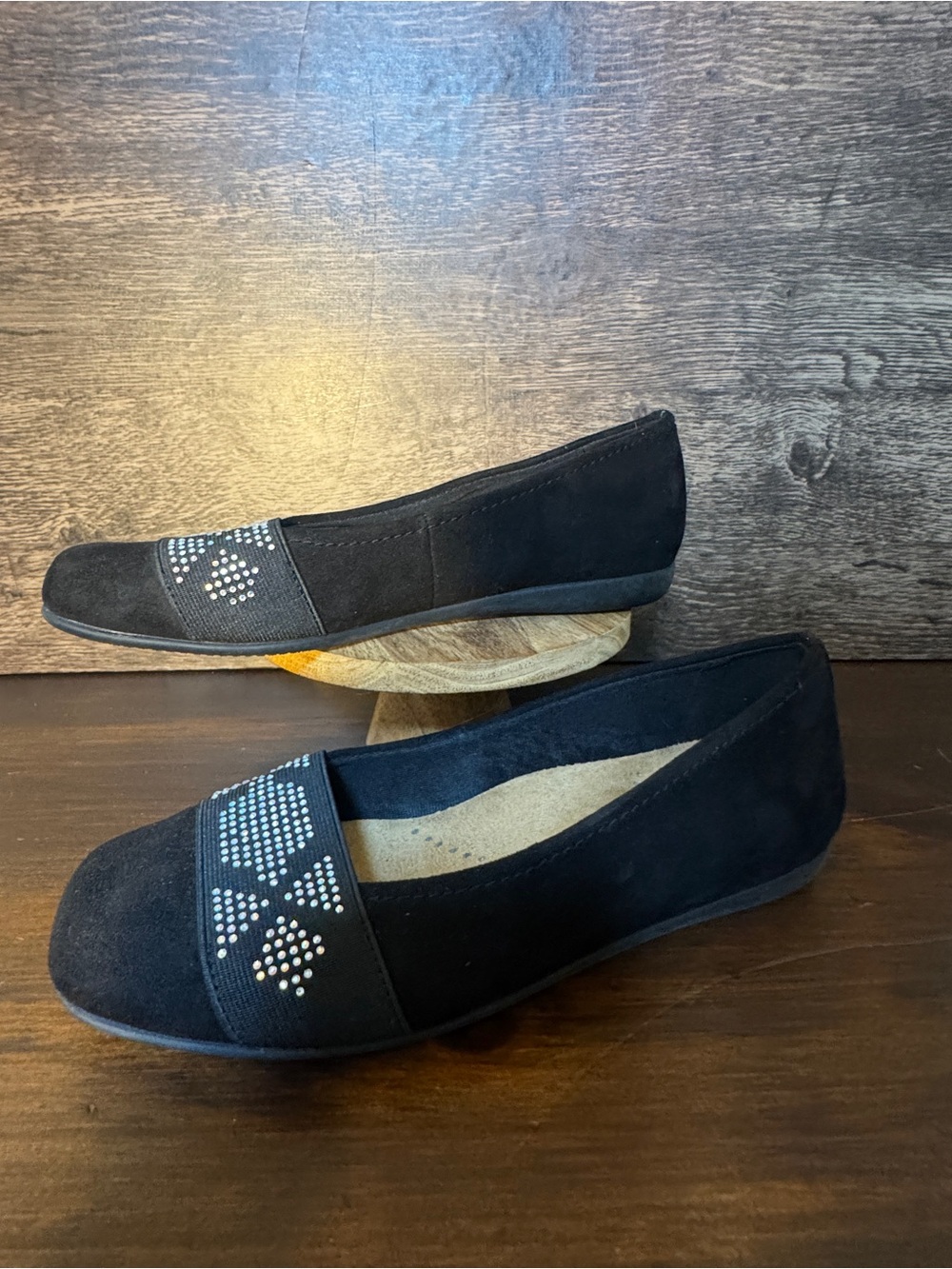 Women’s Extra WideTrotters Black Suede Slip-On Flats with Decorative Stud Detail
